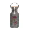 Stainless steel metallic thermos flask, silver with a bamboo lid, double-walled, 350ml.