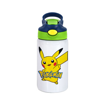 Pokemon pikachu, Παιδικό παγούρι θερμό, ανοξείδωτο, με καλαμάκι ασφαλείας, πράσινο/μπλε (350ml)