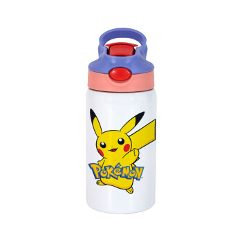 Pokemon pikachu, Παιδικό παγούρι θερμό, ανοξείδωτο, με καλαμάκι ασφαλείας, ροζ/μωβ (350ml)