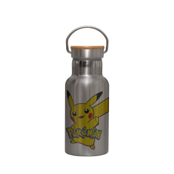 Pokemon pikachu, Μεταλλικό παγούρι θερμός (Stainless steel) Ασημένιο με ξύλινο καπακι (bamboo), διπλού τοιχώματος, 350ml