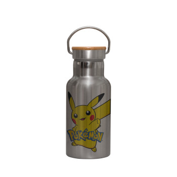 Pokemon pikachu, Stainless steel metallic thermos flask, silver with a bamboo lid, double-walled, 350ml.