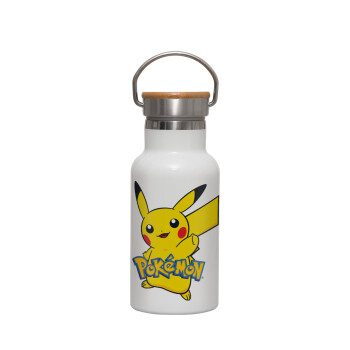 Pokemon pikachu, Μεταλλικό παγούρι θερμός (Stainless steel) Λευκό με ξύλινο καπακι (bamboo), διπλού τοιχώματος, 350ml