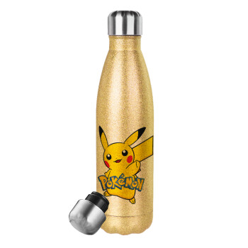 Pokemon pikachu, Μεταλλικό παγούρι θερμός Glitter χρυσό (Stainless steel), διπλού τοιχώματος, 500ml