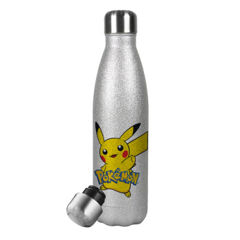 Pokemon pikachu, Metallic Glitter Silver Thermos Flask (Stainless steel), double-walled, 500ml