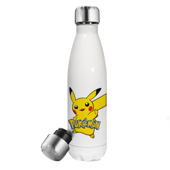 Pokemon pikachu, Μεταλλικό παγούρι θερμός Λευκό (Stainless steel), διπλού τοιχώματος, 500ml