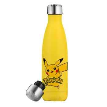 Pokemon pikachu, Μεταλλικό παγούρι θερμός Κίτρινος (Stainless steel), διπλού τοιχώματος, 500ml