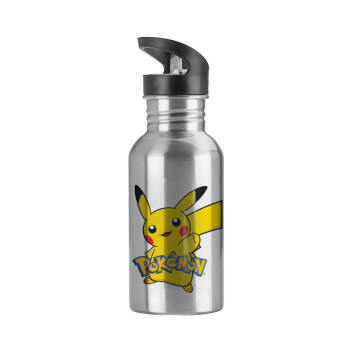 Pokemon pikachu, Παγούρι νερού Ασημένιο με καλαμάκι, ανοξείδωτο ατσάλι 600ml