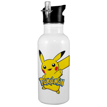 Pokemon pikachu, Παγούρι νερού Λευκό με καλαμάκι, ανοξείδωτο ατσάλι 600ml