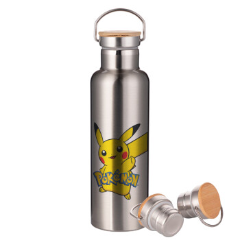 Pokemon pikachu, Stainless steel Silver with wooden lid (bamboo), double wall, 750ml