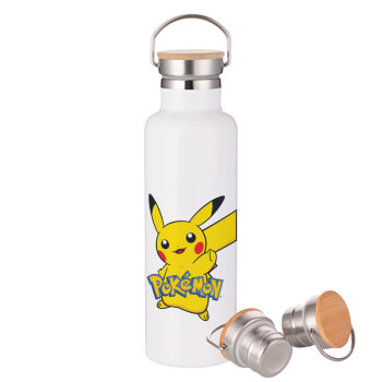 Pokemon pikachu, Stainless steel White with wooden lid (bamboo), double wall, 750ml