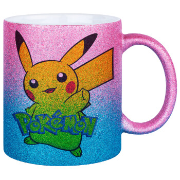 Pokemon pikachu, Κούπα Χρυσή/Μπλε Glitter, κεραμική, 330ml