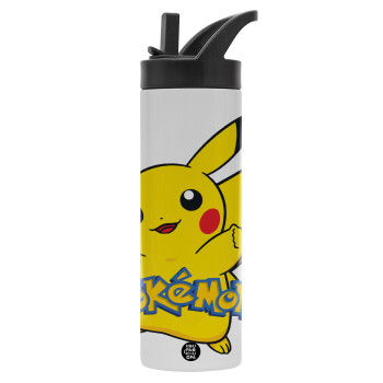 Pokemon pikachu, Μεταλλικό παγούρι θερμός με καλαμάκι & χειρολαβή, ανοξείδωτο ατσάλι (Stainless steel 304), διπλού τοιχώματος, 600ml