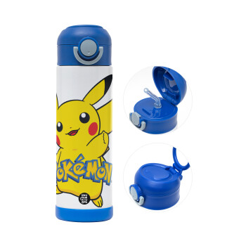 Pokemon pikachu, Children's hot water bottle, stainless steel, with safety straw, BLUE (500ml)
