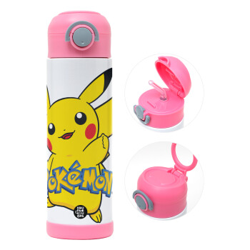 Pokemon pikachu, Children's hot water bottle, stainless steel, with safety straw, PINK (500ml)