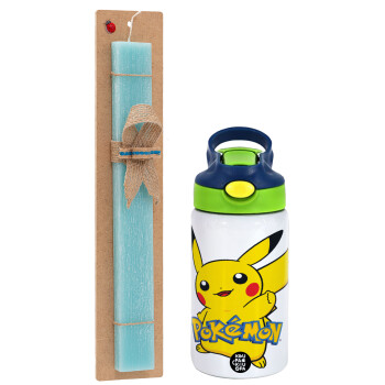 Pokemon pikachu, Πασχαλινό Σετ, Παιδικό παγούρι θερμό, ανοξείδωτο, με καλαμάκι ασφαλείας, πράσινο/μπλε (350ml) & πασχαλινή λαμπάδα αρωματική πλακέ (30cm) (ΤΙΡΚΟΥΑΖ)