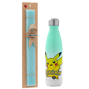 Pokemon pikachu, Easter Set, Metallic green/white thermos (Stainless steel), double-walled, 500ml & scented flat Easter candle (30cm) (TURQUOISE)