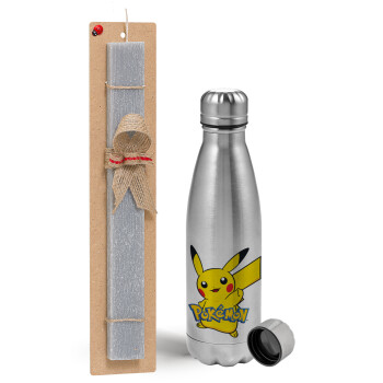 Pokemon pikachu, Easter Set, metallic Inox water bottle (750ml) & aromatic flat Easter candle (30cm) (GRAY)