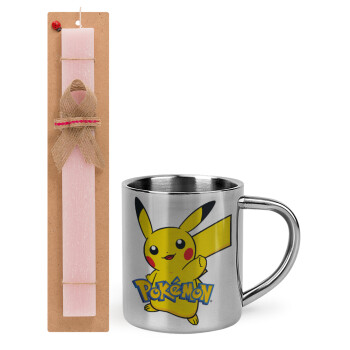 Pokemon pikachu, Easter Set, metallic thermal cup (300ml) & aromatic flat Easter candle (30cm) (PINK)