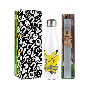 Pokemon pikachu, Easter candle, metallic white thermos bottle (500ml) & aromatic flat candle (30cm) (GRAY)