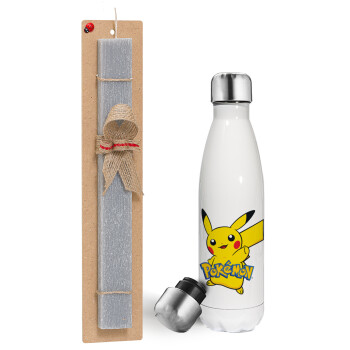 Pokemon pikachu, Πασχαλινή λαμπάδα, μεταλλικό παγούρι θερμός λευκός (500ml) & λαμπάδα αρωματική πλακέ (30cm) (ΓΚΡΙ)