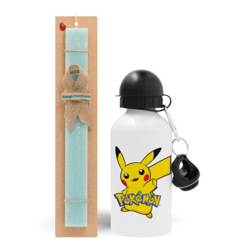 Pokemon pikachu, Easter Set, metallic aluminum water bottle (500ml) & scented flat candle (30cm) (TURQUOISE)