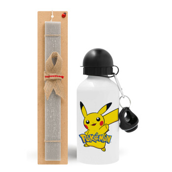 Pokemon pikachu, Πασχαλινό Σετ, παγούρι μεταλλικό  αλουμινίου (500ml) & πασχαλινή λαμπάδα αρωματική πλακέ (30cm) (ΓΚΡΙ)