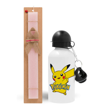 Pokemon pikachu, Πασχαλινό Σετ, παγούρι μεταλλικό αλουμινίου (500ml) & πασχαλινή λαμπάδα αρωματική πλακέ (30cm) (ΡΟΖ)