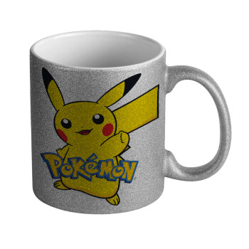 Pokemon pikachu, Κούπα Ασημένια Glitter που γυαλίζει, κεραμική, 330ml