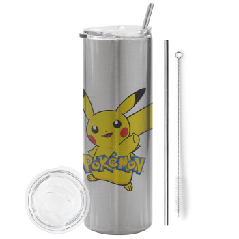 Pokemon pikachu, Eco friendly ποτήρι θερμό Ασημένιο (tumbler) από ανοξείδωτο ατσάλι 600ml, με μεταλλικό καλαμάκι & βούρτσα καθαρισμού