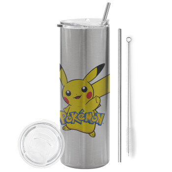 Pokemon pikachu, Tumbler stainless steel Silver 600ml, with metal straw & cleaning brush