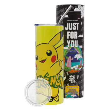 Pokemon pikachu, Neon Yellow Travel Tumbler, with metal straw (Stainless steel 304 Food grade, BPA free, 600ml)