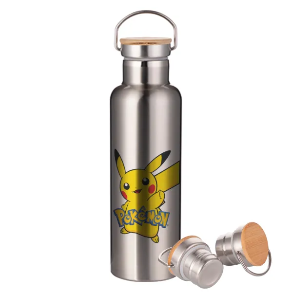 Pokemon pikachu — Stainless steel Silver with wooden lid (bamboo), double wall, 750ml