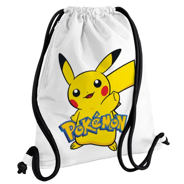 Pokemon pikachu — Τσάντα πλάτης πουγκί GYMBAG λευκή, με τσέπη (40x48cm) & χονδρά κορδόνια