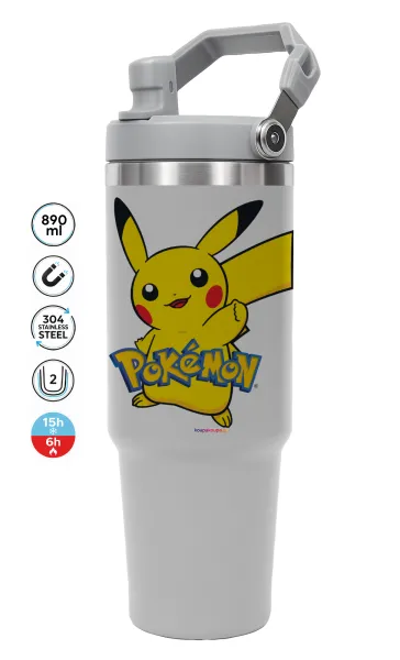 Pokemon pikachu — ΓΚΡΙ Travel Tumbler Θερμός με χερούλι και καλαμάκι 890ml
