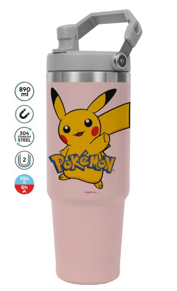 Pokemon pikachu — ΡΟΖ Travel Tumbler Θερμός με χερούλι και καλαμάκι 890ml