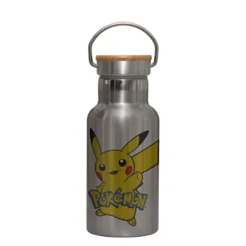 Pokemon pikachu, Μεταλλικό παγούρι θερμός (Stainless steel) Ασημένιο με ξύλινο καπακι (bamboo), διπλού τοιχώματος, 350ml