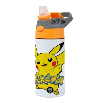Pokemon pikachu, Children's hot water bottle, stainless steel, with safety straw, Orange/Grey (360ml) BPA-FREE