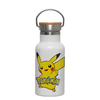 Pokemon pikachu, Μεταλλικό παγούρι θερμός (Stainless steel) Λευκό με ξύλινο καπακι (bamboo), διπλού τοιχώματος, 350ml