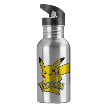 Pokemon pikachu, Water bottle Silver with straw, stainless steel 600ml