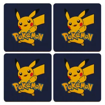 Pokemon pikachu, ΣΕΤ x4 Σουβέρ ξύλινα τετράγωνα plywood (9cm)