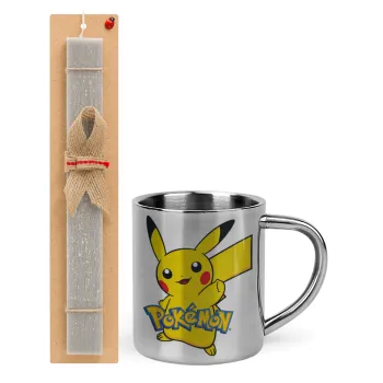 Pokemon pikachu, Easter Set, metallic thermal cup (300ml) & Easter aromatic flat candle (30cm) (GRAY)