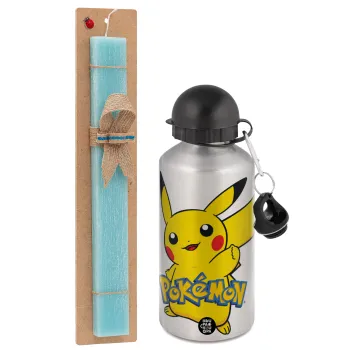 Pokemon pikachu, Easter Set, metallic silver aluminum water bottle (500ml) & scented flat Easter candle (30cm) (TURQUOISE)