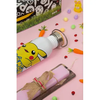 Pokemon pikachu, Easter Set, SS Metallic water bottle (620ml, stainless steel) & scented flat Easter candle (30cm) (PINK)