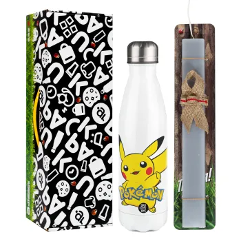 Pokemon pikachu, Easter candle, metallic white thermos bottle (500ml) & aromatic flat candle (30cm) (GRAY)