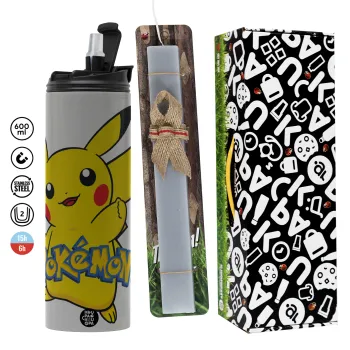 Pokemon pikachu, Easter candle with Grey Tumbler Thermo 600ml & aromatic flat candle (30cm) (GREY)
