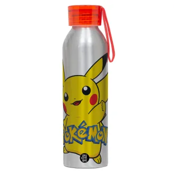 Pokemon pikachu, Αλουμινένιο Αθλητικό Μπουκάλι 650ml – Ασημί με Κόκκινο Καπάκι και Λουράκι Σιλικόνης