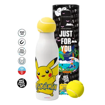 Pokemon pikachu, Μπάλα τένις μεταλλικό παγούρι θερμός, διπλού τοιχώματος, 550ml