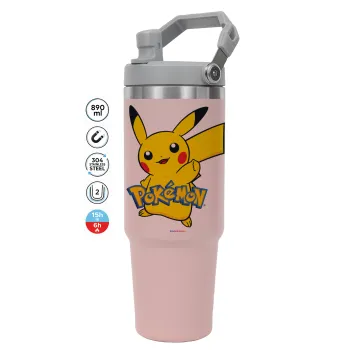 Pokemon pikachu, ΡΟΖ χρώματος Θερμός Ανοξείδωτο 890ml (30oz) με χερούλι