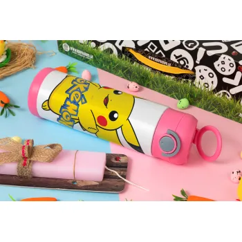 Pokemon pikachu, Πασχαλινή Λαμπάδα με Παιδικό παγούρι θερμό, ανοξείδωτο, με καλαμάκι ασφαλείας, ΡΟΖ (500ml)