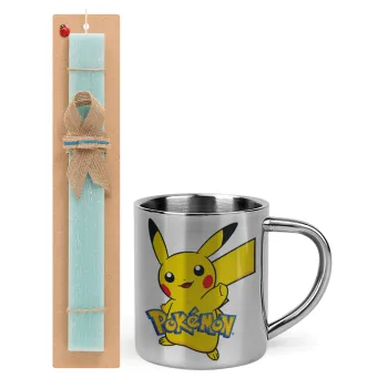 Pokemon pikachu, Πασχαλινή Λαμπάδα με μεταλλική κούπα θερμό (300ml) & κερί αρωματικό πλακέ (30cm) (ΤΙΡΚΟΥΑΖ)